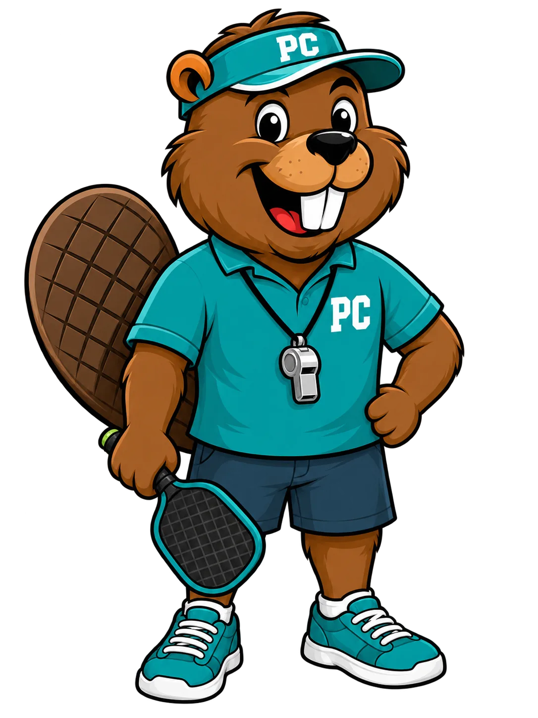Coach Rally, the PaddleChamps floor captain, in a teal visor and polo with a paddle and a whistle.
