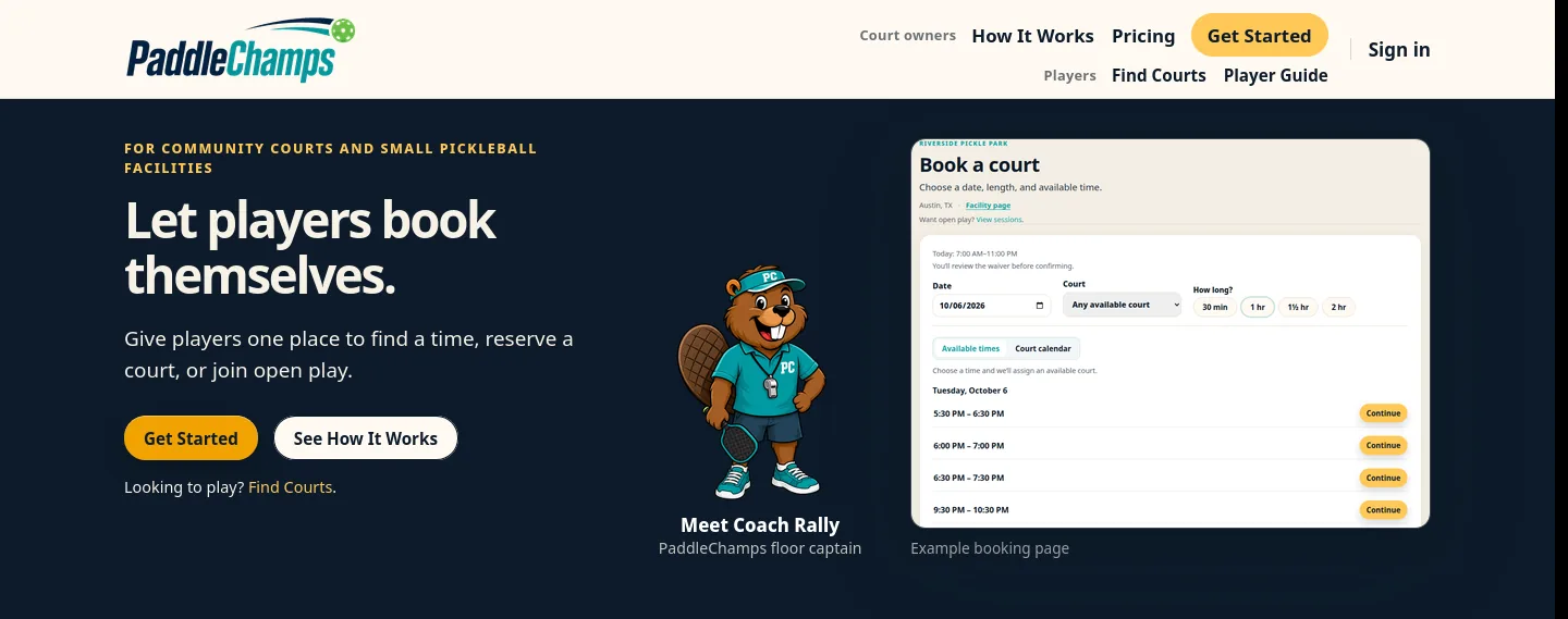 PaddleChamps homepage with the headline Let players book themselves, Coach Rally, and an example booking page.