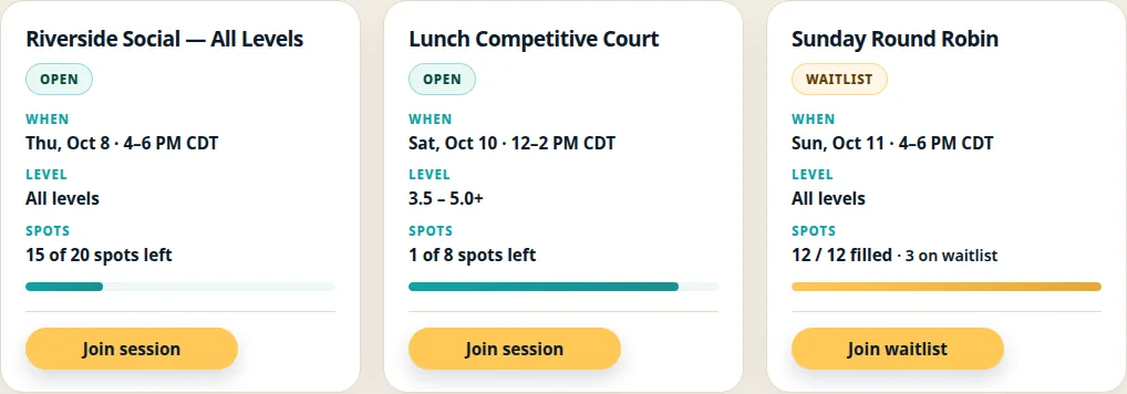 Example open-play sessions, including an open social, a nearly full competitive session, and a full round robin with a waitlist.
