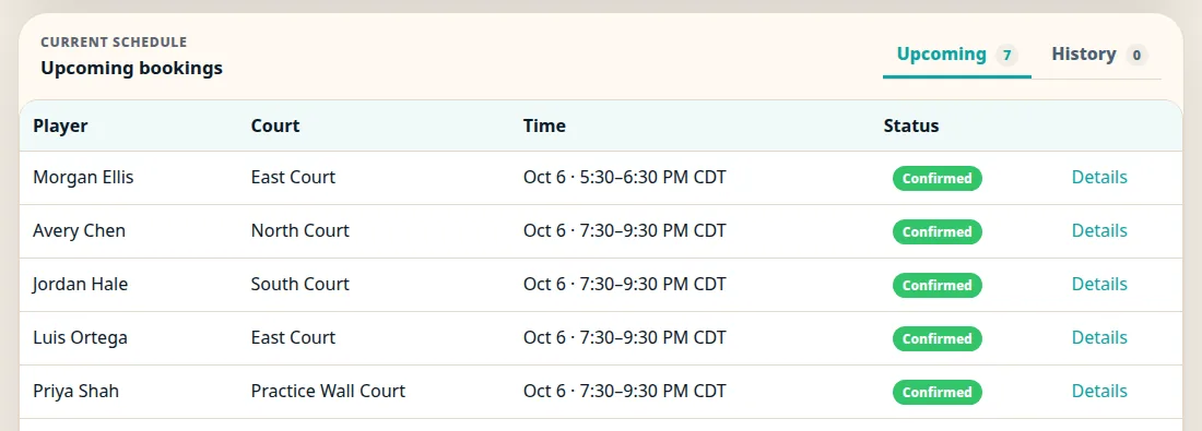 Example upcoming bookings list with player, court, time, and confirmed status.